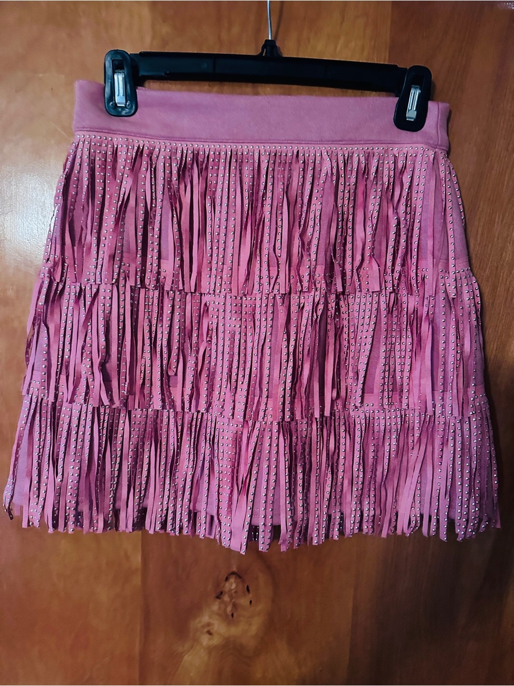 Peach Love California Pink Fringe Mini Skirt